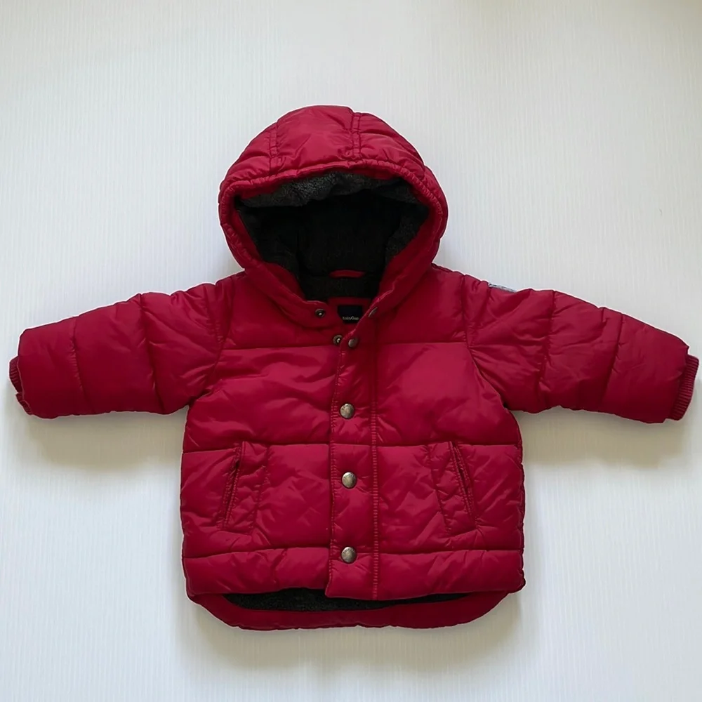 Baby Gap brick red & gray puffer jacket with attached hood. Size 6-12 months